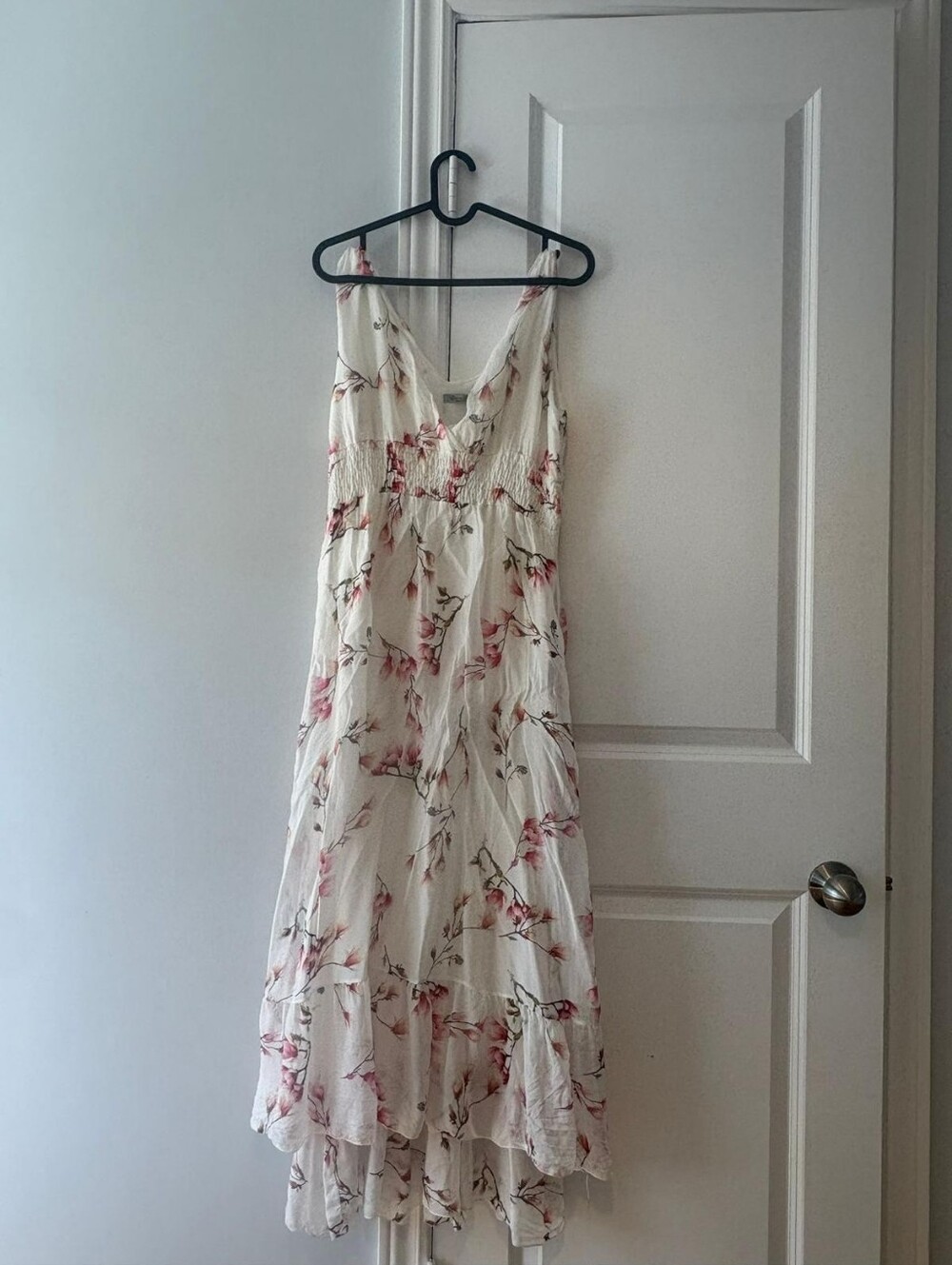Cream Floral Midi Dress with Pink Blossom Detail
